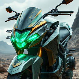 A detailed and visually striking motorcycle inspired by the Halo Master Chief design, featuring a sleek, aerodynamic body with iconic green and gold armor accents, a futuristic helmet-shaped front headlight, and intricate patterns mimicking Spartan armor