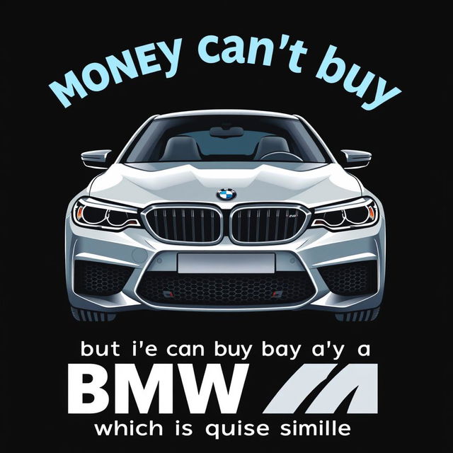 A clever and stylish t-shirt design featuring the playful quote 'Money can't buy happiness, but it can buy a BMW M5 which is quite similar