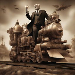 A high-quality digital art piece depicting a steampunk-styled Donald Trump atop a massive, intricately detailed war train