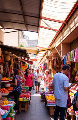 A vibrant and bustling street scene featuring street vendors with colorful merchandise under roofed markets in Lima