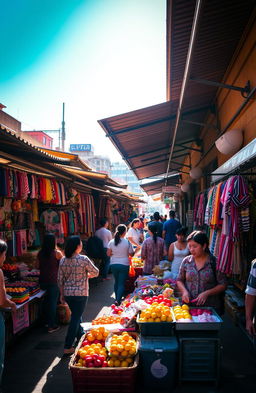 A vibrant and bustling street scene featuring street vendors with colorful merchandise under roofed markets in Lima