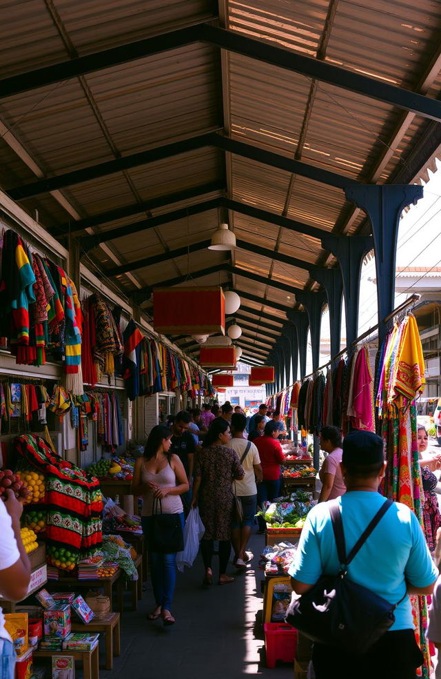 A vibrant and bustling street scene featuring street vendors with colorful merchandise under roofed markets in Lima