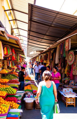 A vibrant and bustling street scene featuring street vendors with colorful merchandise under roofed markets in Lima