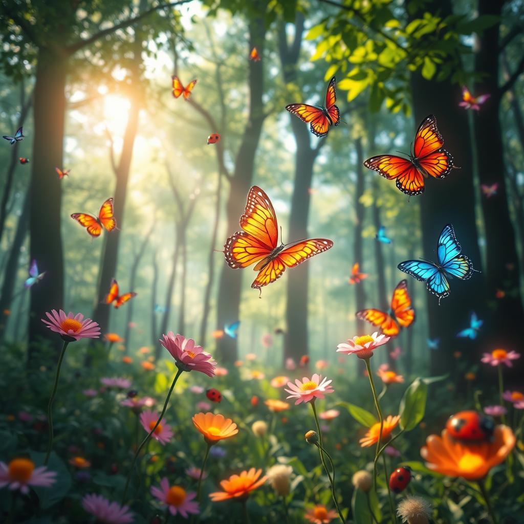 A surreal and imaginative scene depicting a mystical forest where vibrant, glowing butterflies and colorful ladybugs gently fly among enchanting flowers