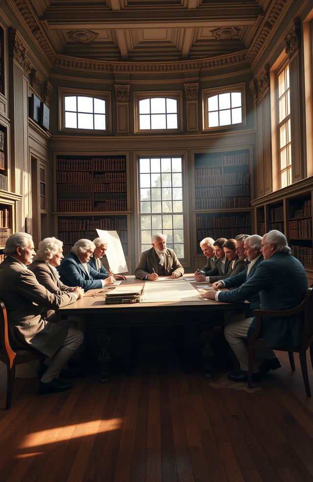 A historic scene depicting the drafting of the constitution in a grand room, featuring a group of founding fathers gathered around a large wooden table, intensely discussing and writing the document