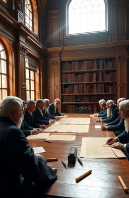 A historic scene depicting the drafting of the constitution in a grand room, featuring a group of founding fathers gathered around a large wooden table, intensely discussing and writing the document