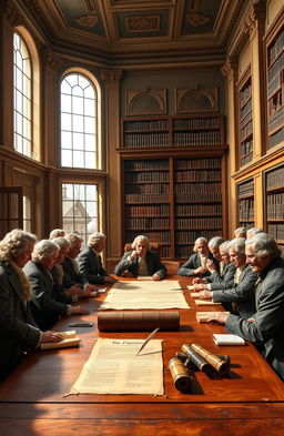 A historic scene depicting the drafting of the constitution in a grand room, featuring a group of founding fathers gathered around a large wooden table, intensely discussing and writing the document