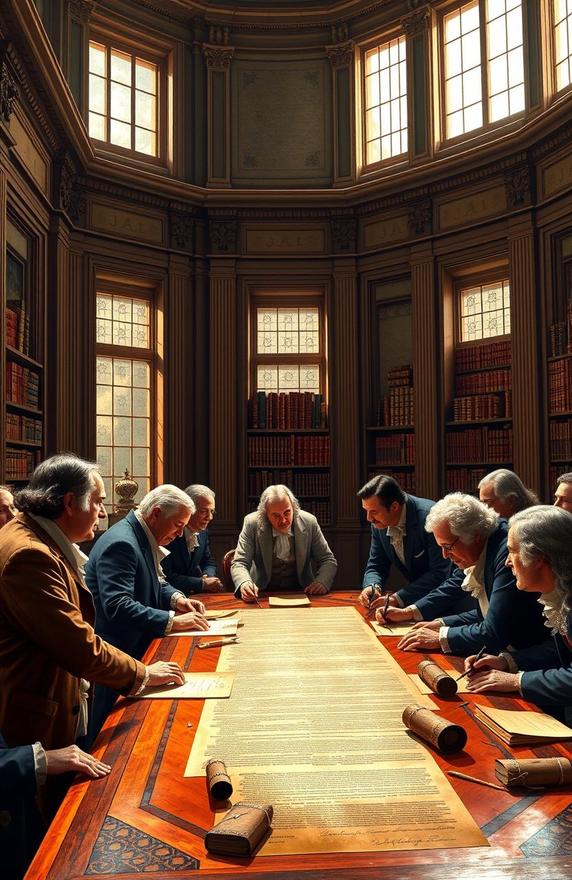 A historic scene depicting the drafting of the constitution in a grand room, featuring a group of founding fathers gathered around a large wooden table, intensely discussing and writing the document