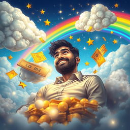A mystical and colorful dreamscape inspired by the story "Lottery" by Premchand, showcasing a man dreaming about winning the lottery