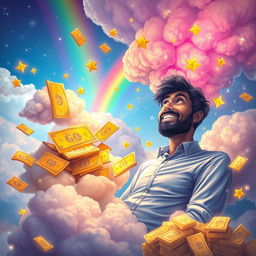 A mystical and colorful dreamscape inspired by the story "Lottery" by Premchand, showcasing a man dreaming about winning the lottery