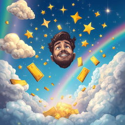 A mystical and colorful dreamscape inspired by the story "Lottery" by Premchand, showcasing a man dreaming about winning the lottery