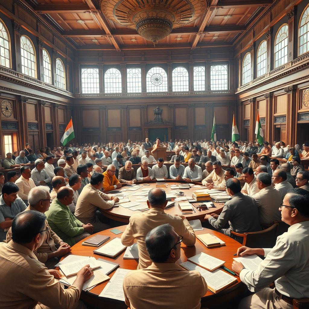 A dynamic scene depicting the drafting of the Constitution of India, set in a historic assembly hall filled with diverse members of the Constituent Assembly engaged in animated discussions