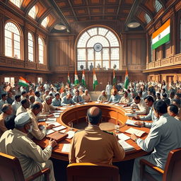 A dynamic scene depicting the drafting of the Constitution of India, set in a historic assembly hall filled with diverse members of the Constituent Assembly engaged in animated discussions