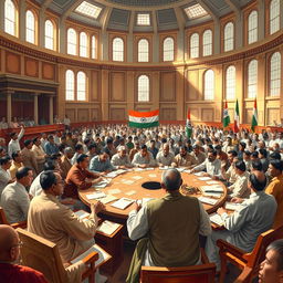 A dynamic scene depicting the drafting of the Constitution of India, set in a historic assembly hall filled with diverse members of the Constituent Assembly engaged in animated discussions