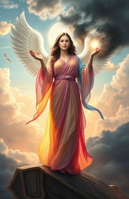 A powerful woman standing on the border between the angel realm and the human realm, radiating light that contrasts with the encroaching darkness