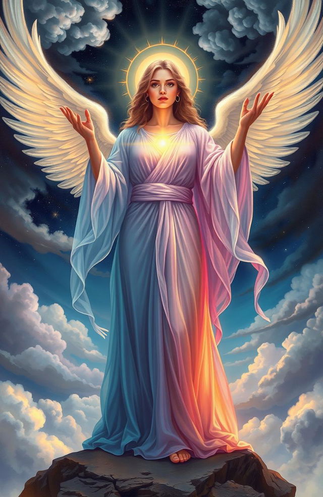 A powerful woman standing on the border between the angel realm and the human realm, radiating light that contrasts with the encroaching darkness