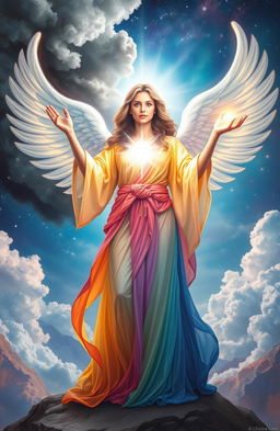 A powerful woman standing on the border between the angel realm and the human realm, radiating light that contrasts with the encroaching darkness