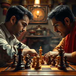 A vivid and dynamic depiction of a chess game, titled 'The Addiction of Chess'