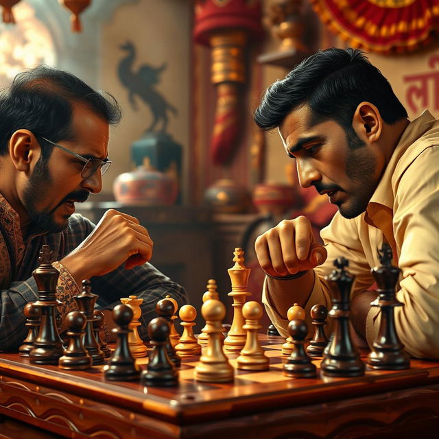 A vivid and dynamic depiction of a chess game, titled 'The Addiction of Chess'