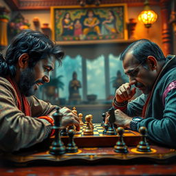 A vivid and dynamic depiction of a chess game, titled 'The Addiction of Chess'