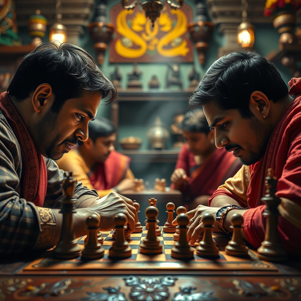 A vivid and dynamic depiction of a chess game, titled 'The Addiction of Chess'