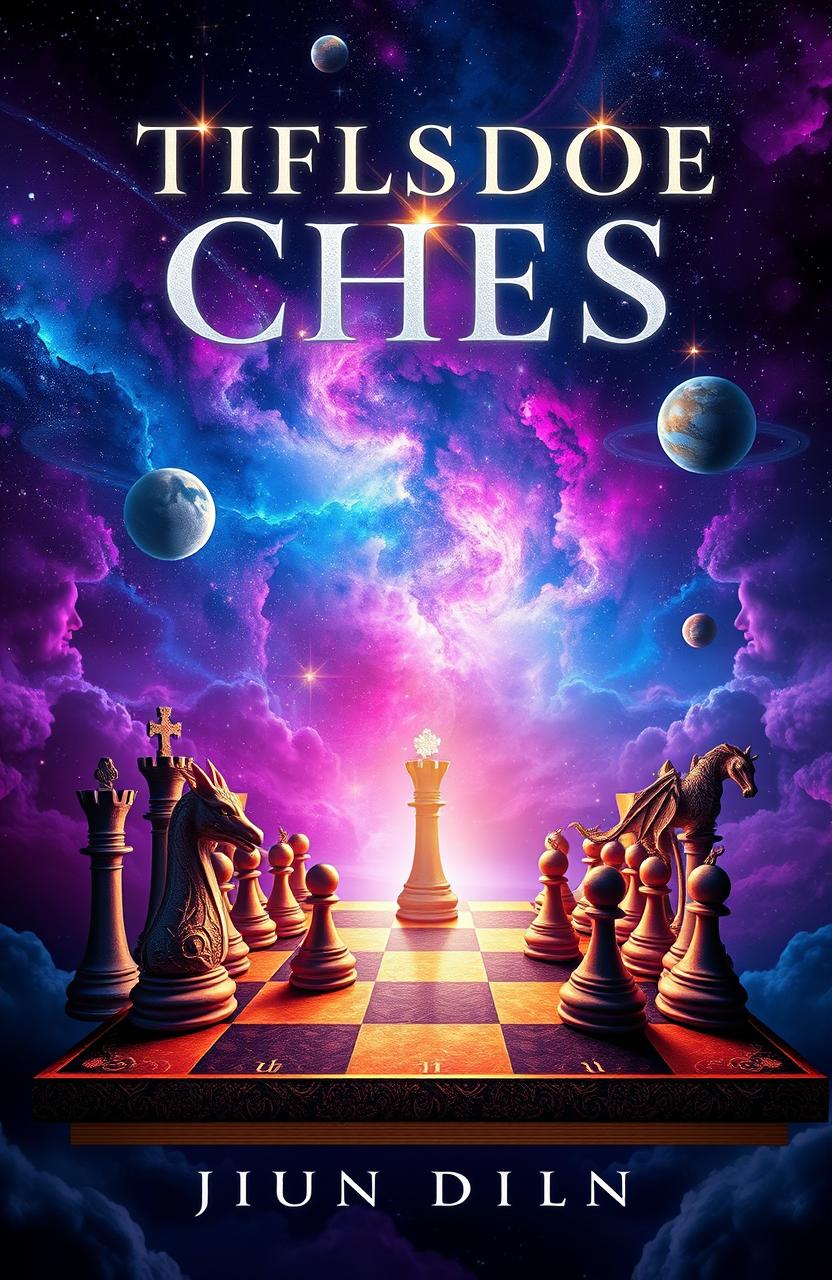 A captivating book cover design depicting a cosmic game of chess, where the chessboard merges fantasy and reality