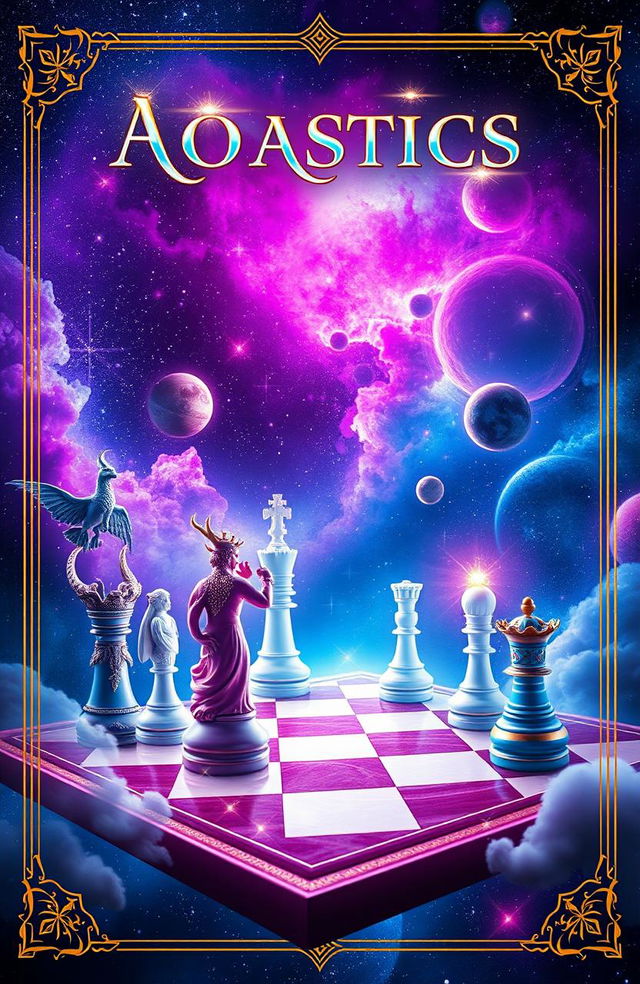 A captivating book cover design depicting a cosmic game of chess, where the chessboard merges fantasy and reality