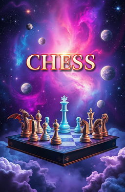 A captivating book cover design depicting a cosmic game of chess, where the chessboard merges fantasy and reality