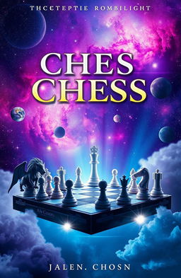A captivating book cover design depicting a cosmic game of chess, where the chessboard merges fantasy and reality