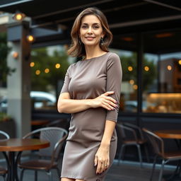 A realistic photo of a stylish, intellectual woman aged 35-40 with a slender figure, exuding confidence and elegance