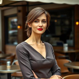 A realistic photo of a stylish, intellectual woman aged 35-40 with a slender figure, exuding confidence and elegance