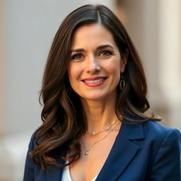A 40-year-old brunette woman of European appearance, dressed modestly in a stylish and elegant way