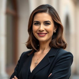 A 40-year-old brunette woman of European appearance, dressed modestly in a stylish and elegant way