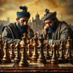 A captivating scene titled 'Royal Elegance with a Twist', featuring a vintage chessboard adorned with intricately carved royal chess pieces prominently in the foreground