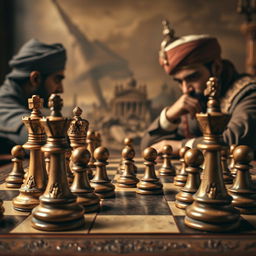 A captivating scene titled 'Royal Elegance with a Twist', featuring a vintage chessboard adorned with intricately carved royal chess pieces prominently in the foreground