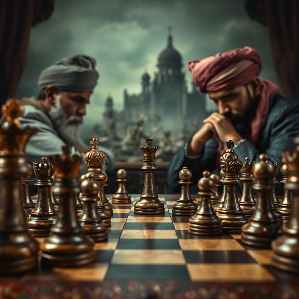 A captivating scene titled 'Royal Elegance with a Twist', featuring a vintage chessboard adorned with intricately carved royal chess pieces prominently in the foreground