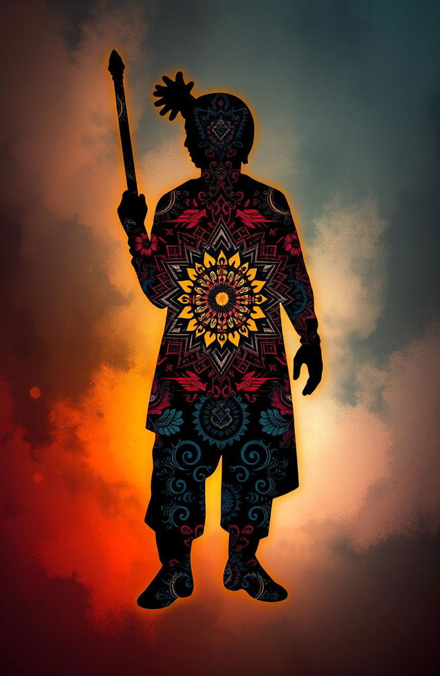 A striking artistic representation of a famous icon, featuring an elaborate silhouette filled with intricate patterns and vibrant colors that showcase its cultural significance