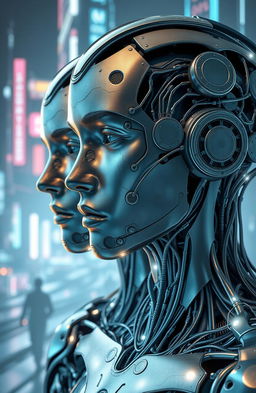 A conceptual representation of humans resembling machines, showcasing intricate connections between robotic elements and human features