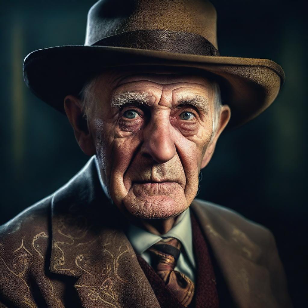 A hyper-realistic digital portrait of a scary-looking, elderly man dressed in old-fashioned, fancy attire