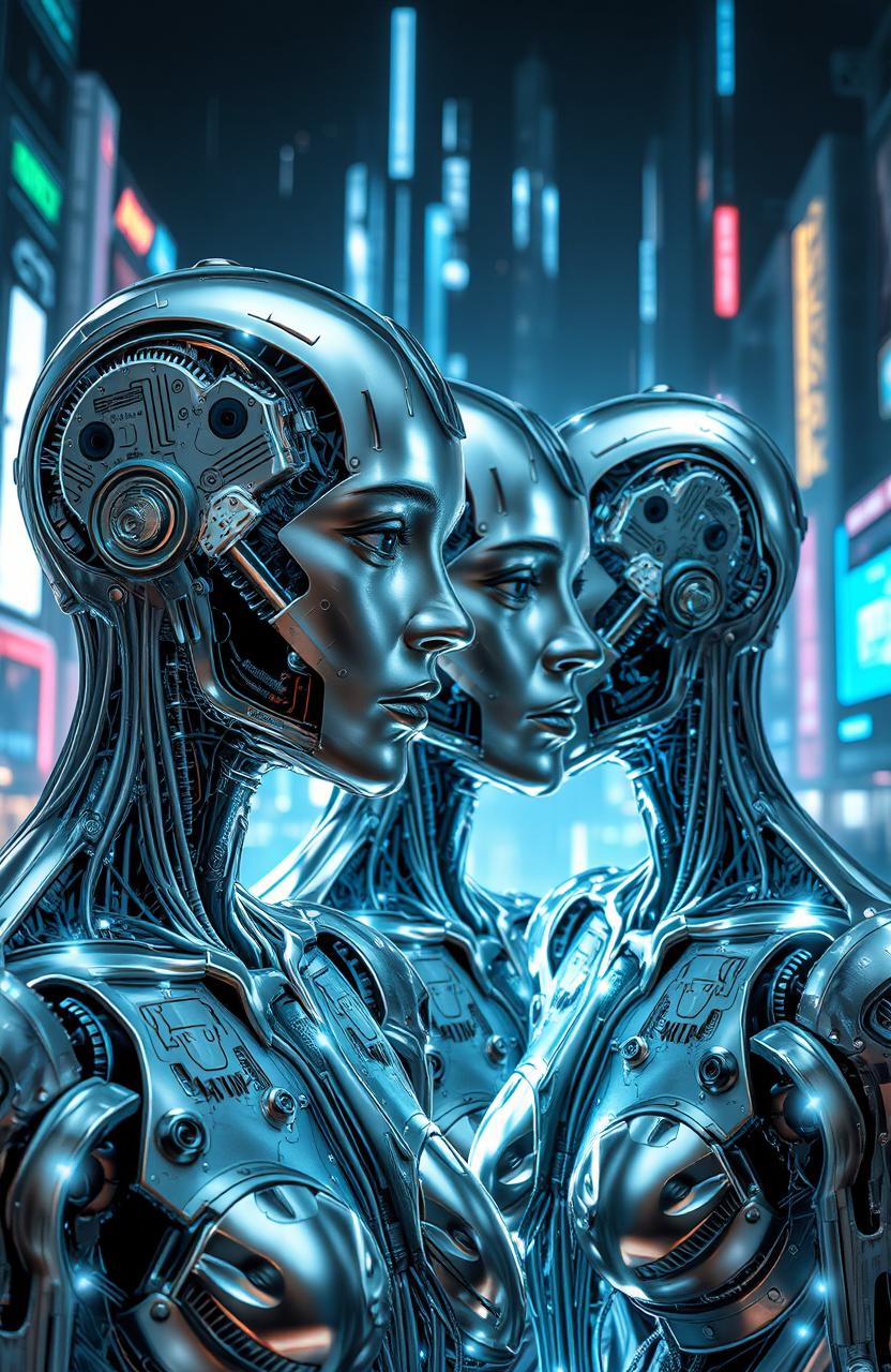 A conceptual representation of humans resembling machines, showcasing intricate connections between robotic elements and human features