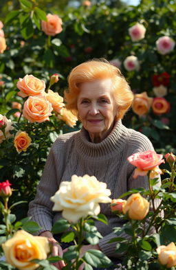 An elderly grandmother with ginger-colored hair, wearing a cozy, patterned sweater, sitting leisurely in a lush garden filled with roses