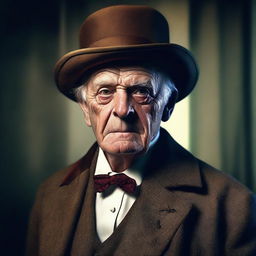 A hyper-realistic digital portrait of a scary-looking, elderly man dressed in old-fashioned, fancy attire