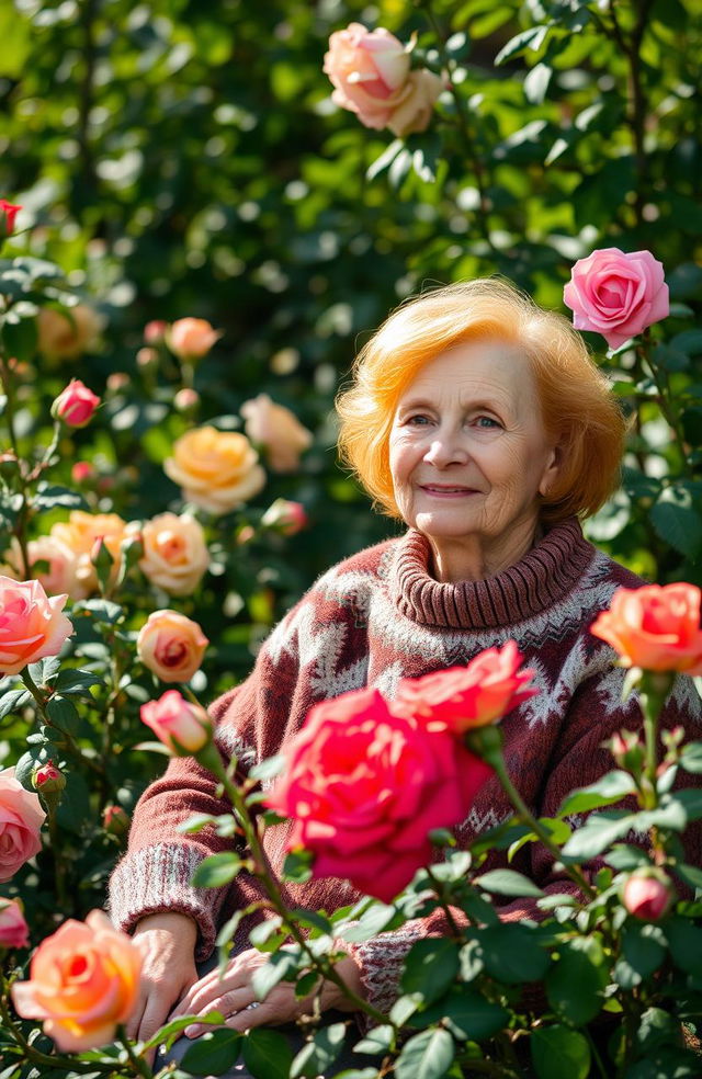 An elderly grandmother with ginger-colored hair, wearing a cozy, patterned sweater, sitting leisurely in a lush garden filled with roses