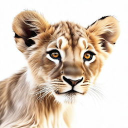 A high-quality, realistic digital art image featuring a detailed and playful lion cub against a stark white background