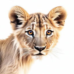 A high-quality, realistic digital art image featuring a detailed and playful lion cub against a stark white background