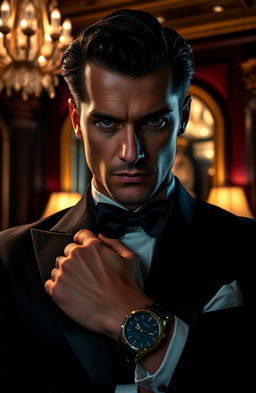 A seductive thriller-inspired portrait of a dark, handsome billionaire in a luxurious setting