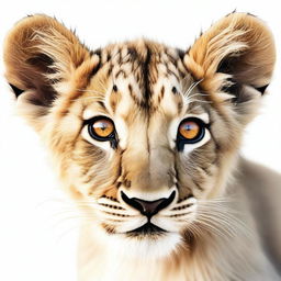 A high-quality, realistic digital art image featuring a detailed and playful lion cub against a stark white background