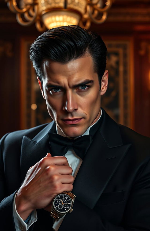 A seductive thriller-inspired portrait of a dark, handsome billionaire in a luxurious setting