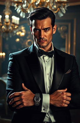 A seductive thriller-inspired portrait of a dark, handsome billionaire in a luxurious setting