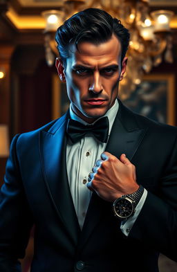 A seductive thriller-inspired portrait of a dark, handsome billionaire in a luxurious setting